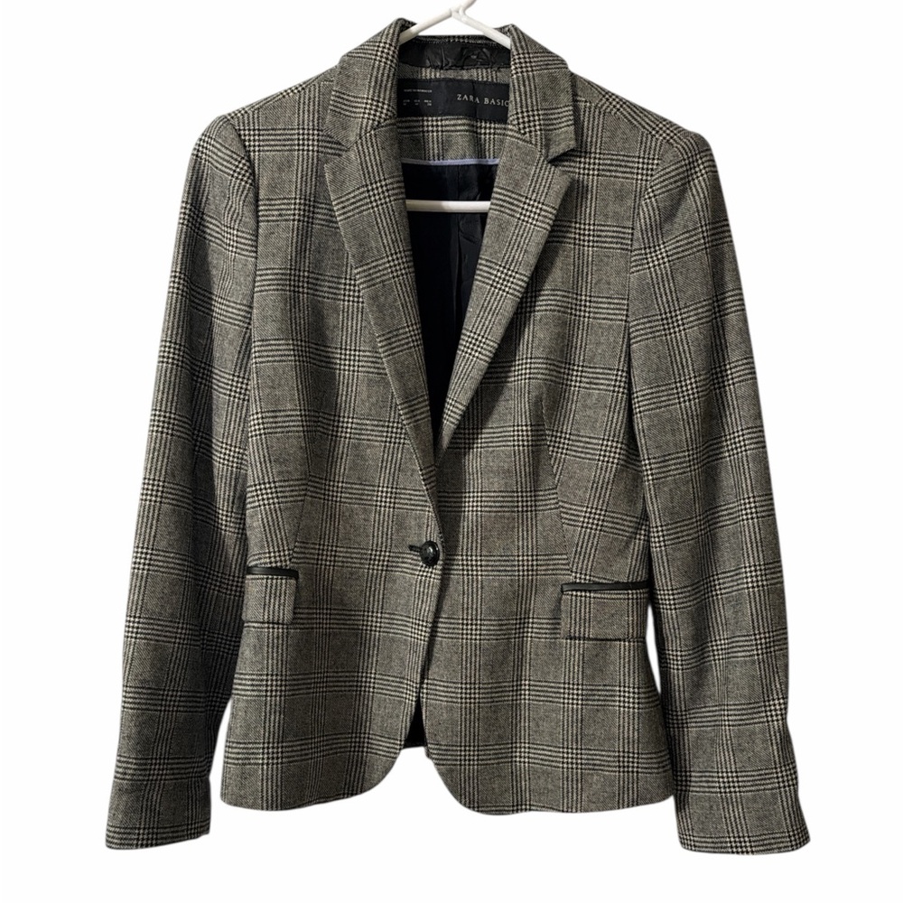 Zara Basic Plaid Checkered Blazer Women’s M GUC Gray Black White